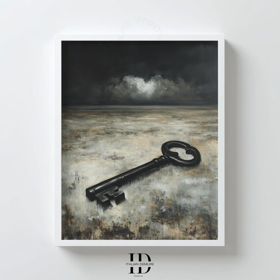Vintage Key Surrealist Wall Art Moody Black Antique Print On Desert Landscape Mysterious Gothic Minimalist Poster Decor