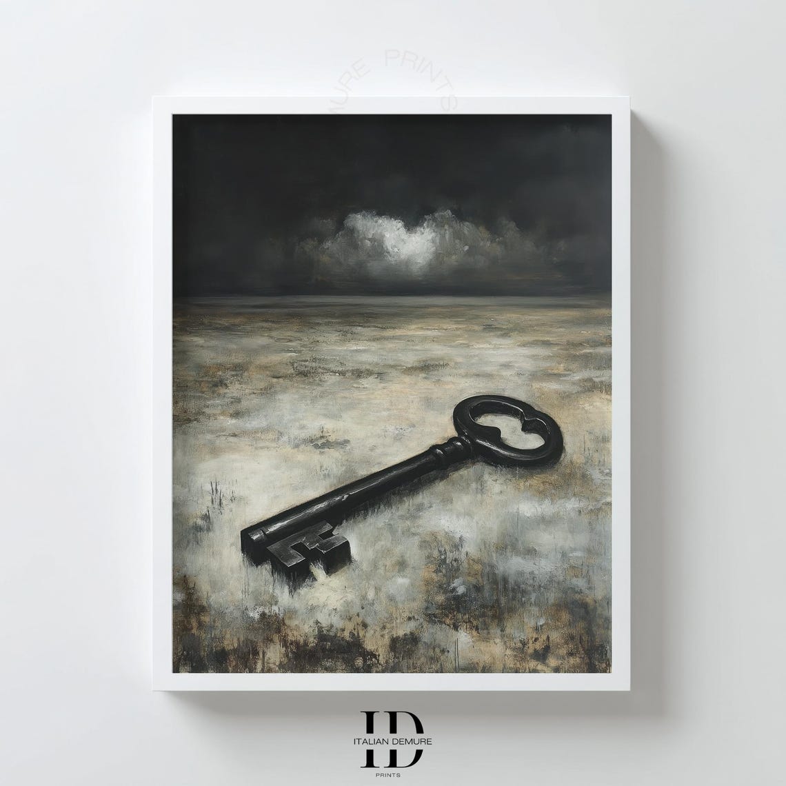 Vintage Black Skeleton Key On Desert Under Stormy Sky Surreal Poster