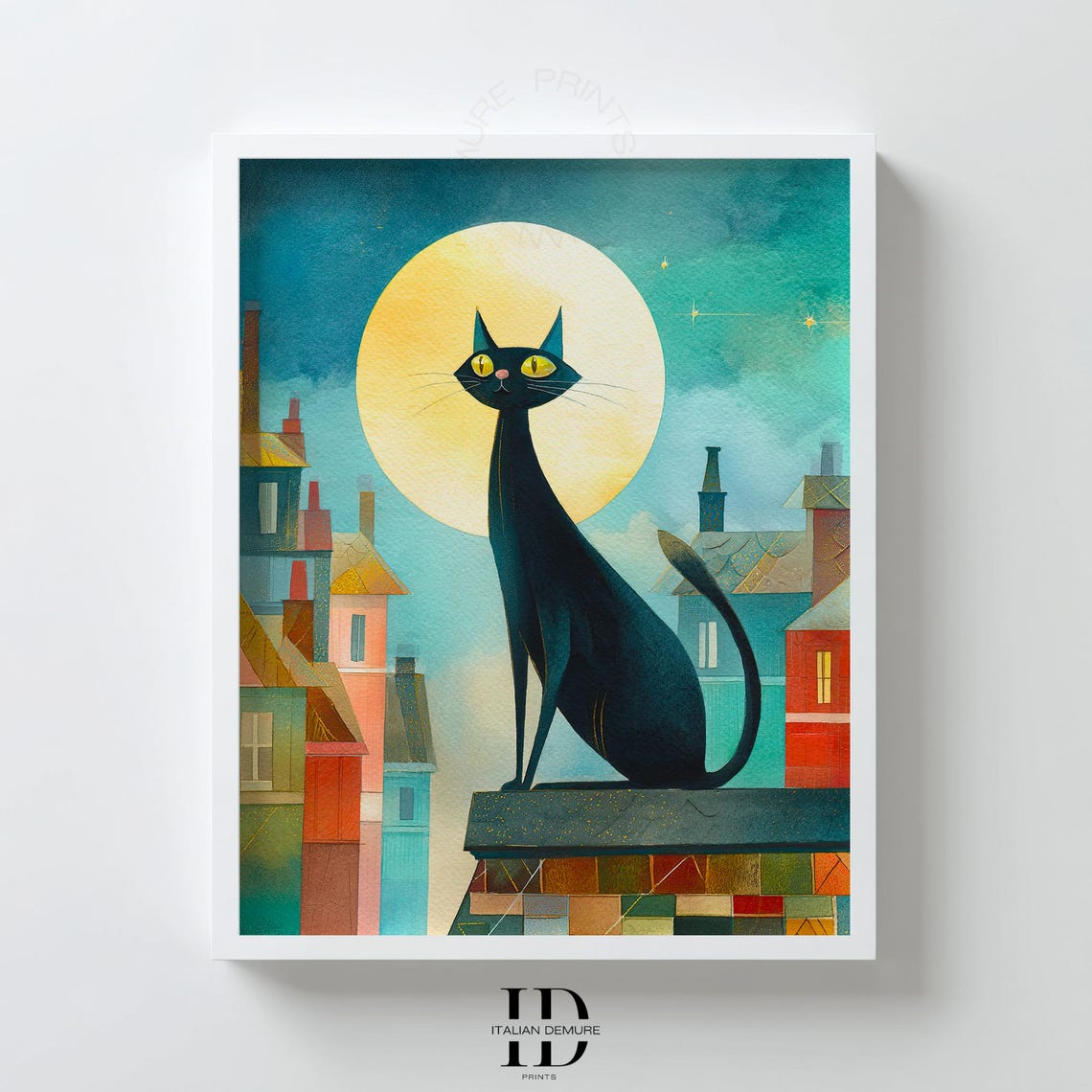 Black Cat With Yellow Eyes On Moonlit Rooftop Whimsical Poster