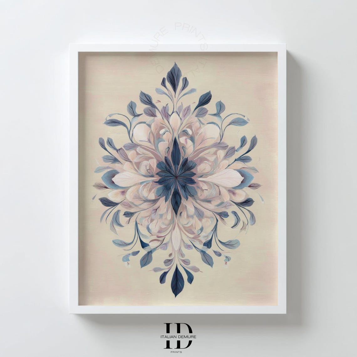 Symmetrical Blue Floral Mandala Botanical Beige Medallion Poster