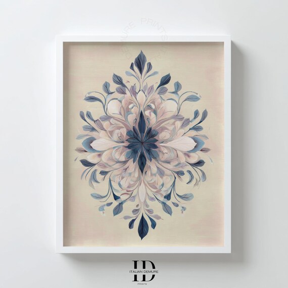 Floral Mandala Wall Art Symmetrical Botanical Artwork Blue Beige Modern Flower Pattern Elegant Boho Home Decor