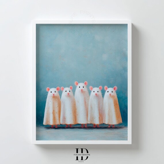 Five Cute Mice Dressed in Ghost Costumes Adorable Halloween Art Print