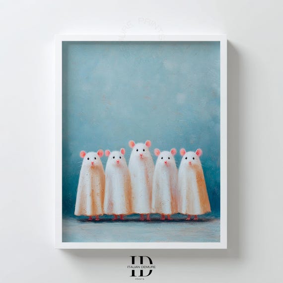Mice Wall Art Whimsical Animal Print Pastel Blue Nursery Decor Minimal Scandinavian Painting Cute Kids Room