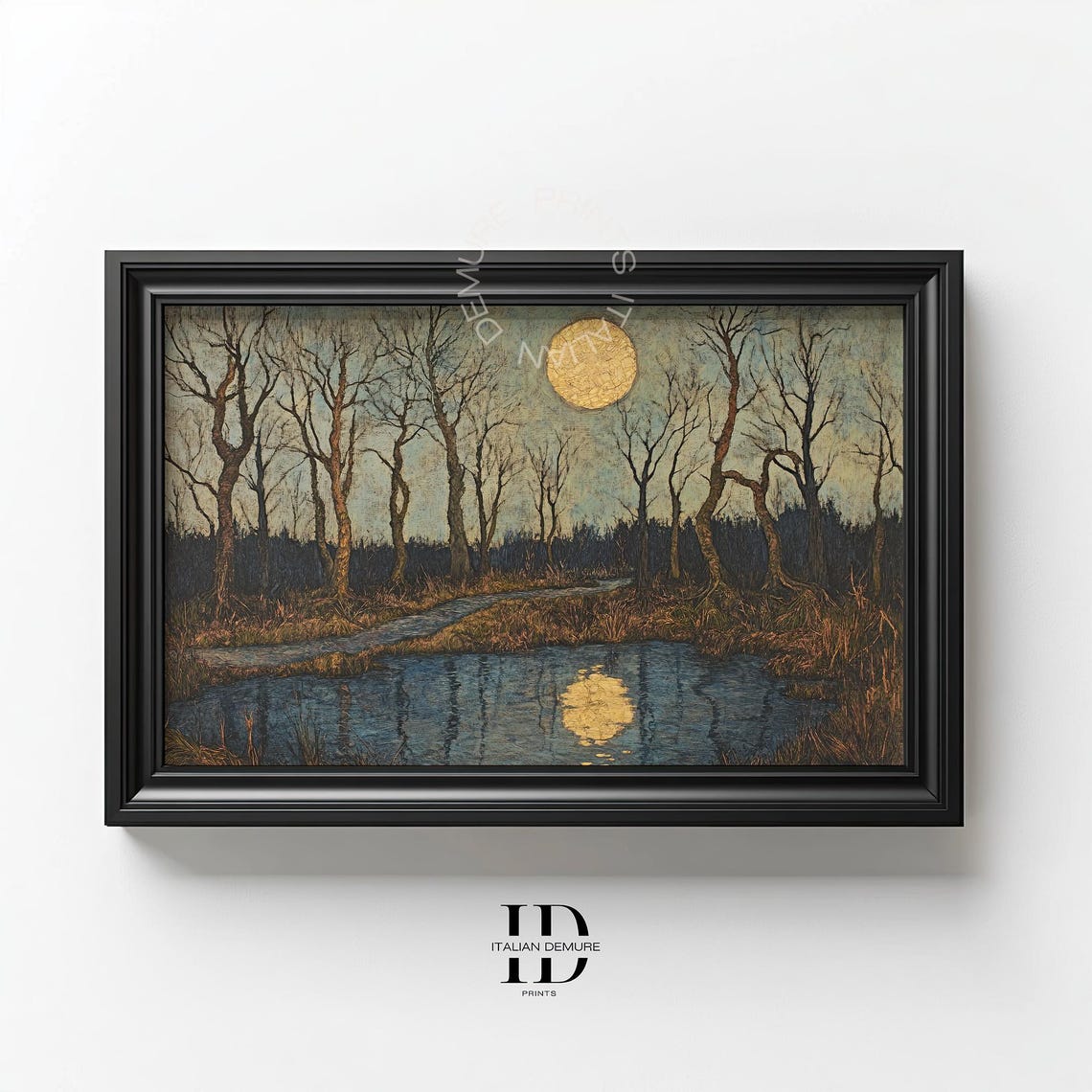 Golden Moon Swamp Landscape Print Dark Forest Reflection Wall Art Rustic Nature Painting For Home Office Decor