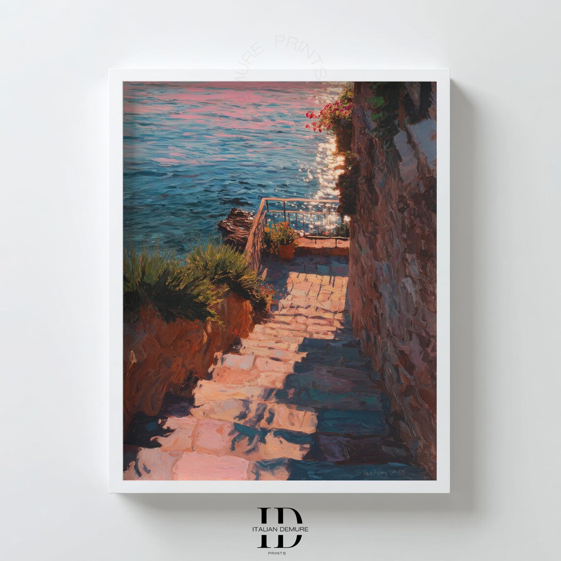Stone Seaside Stairs Descending to Sparkling Ocean Sunset Coastal Print