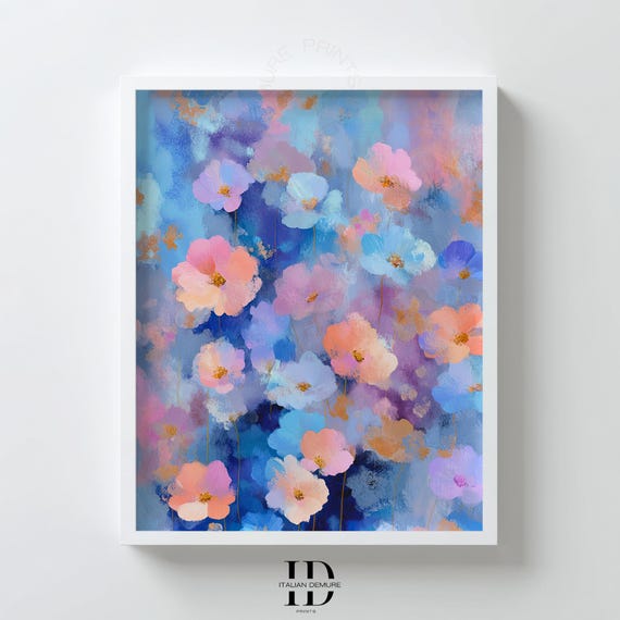 Blue And Pink Floral Wall Art Abstract Watercolor Flower Print Colorful Botanical Poster Modern Bright Nature
