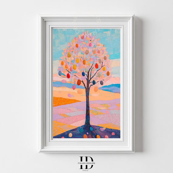 Whimsical Tree Wall Art Vibrant Fantasy Landscape Print Colorful Nature Painting Dreamy Pastel Decor Surreal Artwork