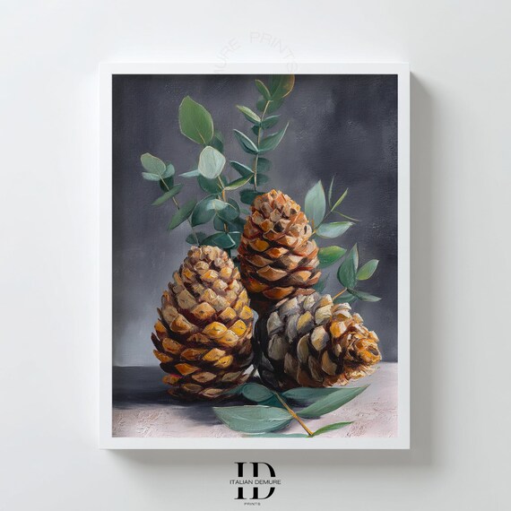 Pine Cone Still Life Art Eucalyptus Botanical Print Rustic Farmhouse Wall Decor Neutral Gray Kitchen Poster Fall Winter