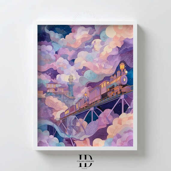 Steam Train Wall Art Dreamy Cloudscape Print Whimsical Night Sky Poster Pastel Purple Decor Railway Illustration