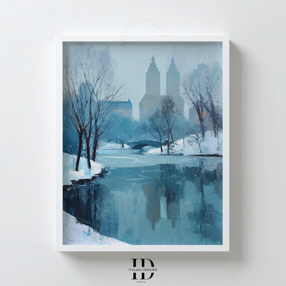 Winter Cityscape Wall Art Snowy Central Park Scene Print Blue Urban Landscape Painting Cozy New York Poster