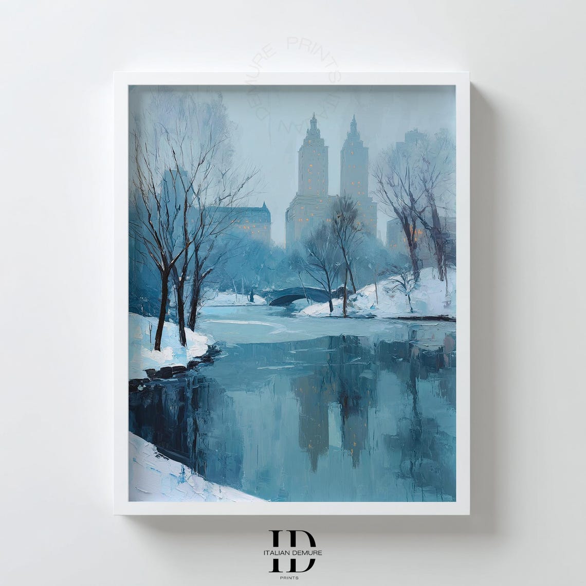 Snowy Central Park Winter Cityscape Blue Impressionist Poster