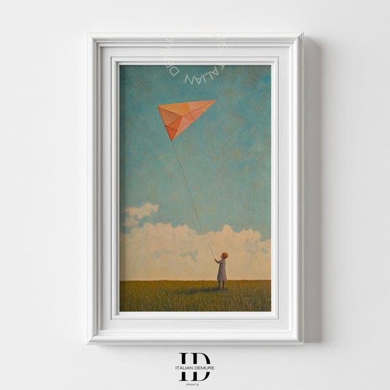 Whimsical Kite Flying Print Minimalist Childhood Nostalgia Wall Art Vintage Sky Painting Dreamy Home Nursery Dcor