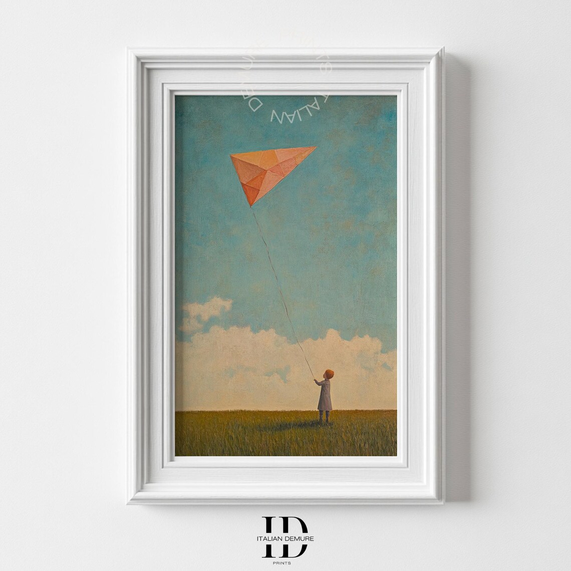 Child Flying an Orange Kite Over a Golden Field Vintage Art Poster