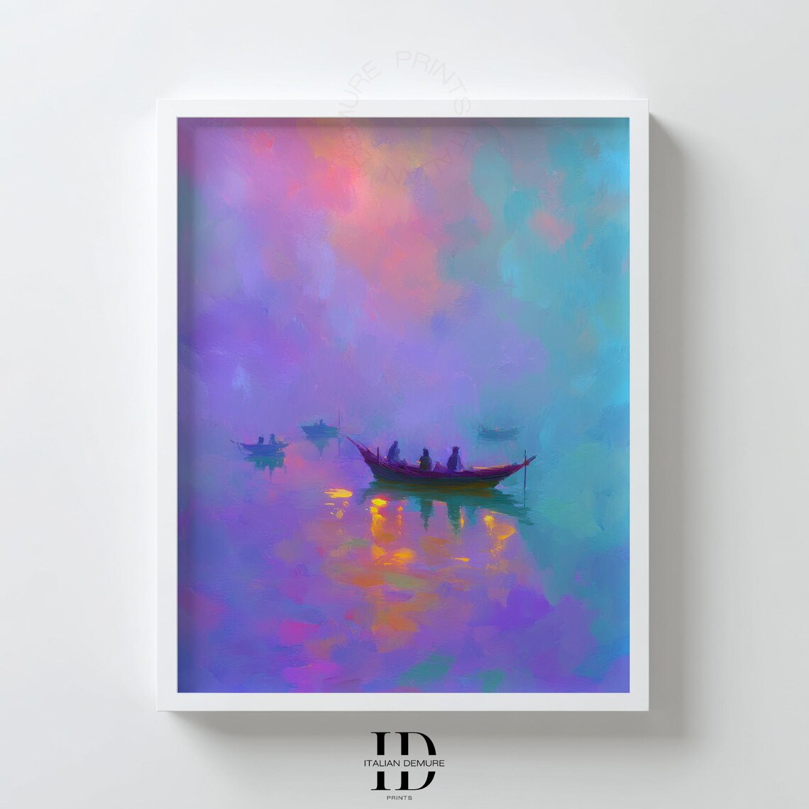 Pastel Boats Misty Lake Sunrise Dreamy Purple Teal Art Poster
