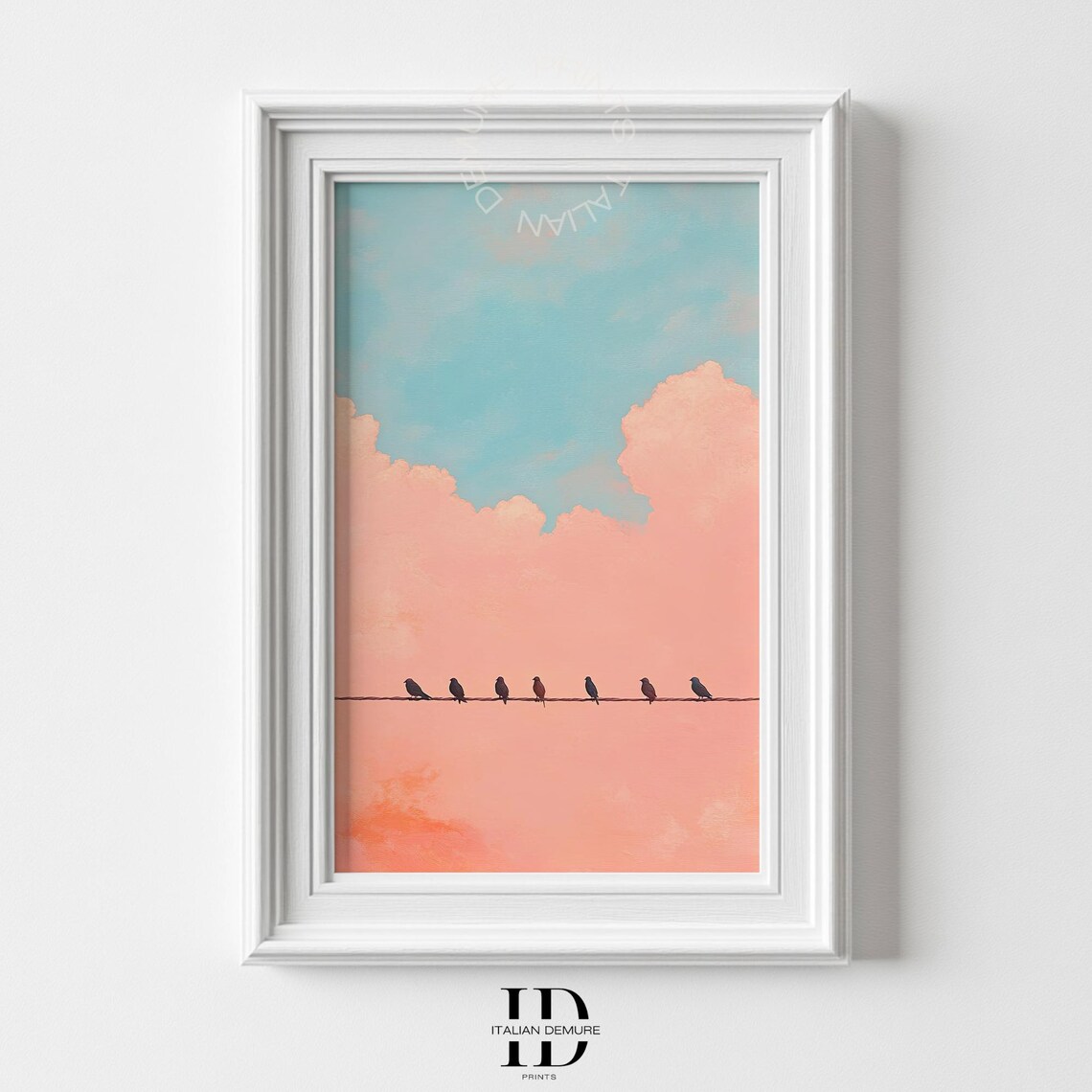 Minimalist Birds On A Wire Pastel Pink Blue Sky Clouds Modern Art Poster