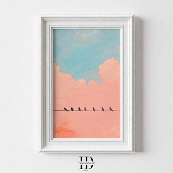 Minimalist Birds On A Wire Wall Art Pastel Print Pink Blue Sky Painting Modern Nature For Home Dcor
