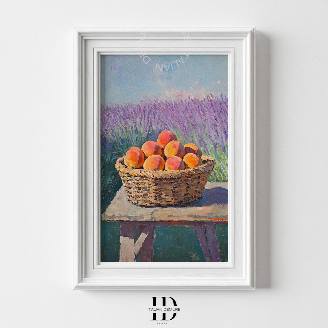 Basket Of Peaches Before A Lavender Field Impressionist Oil Art Poster