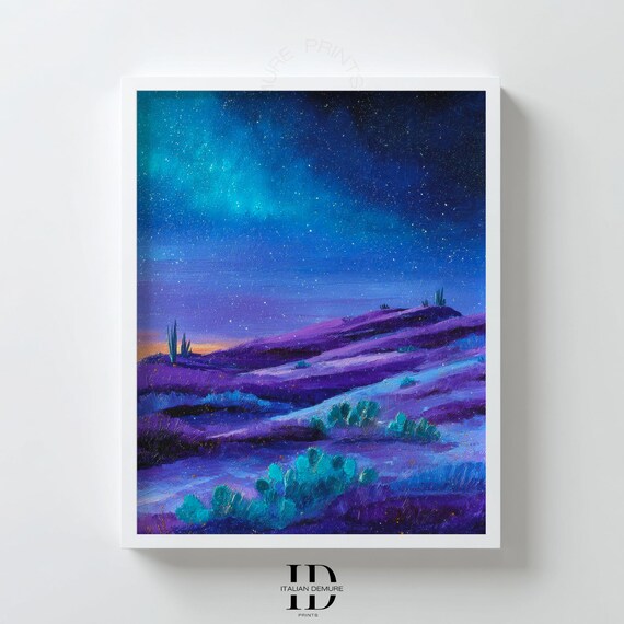 Purple Desert Night Landscape Print Starry Sky Wall Art Southwestern Poster Cactus Illustration Boho Nature Decor