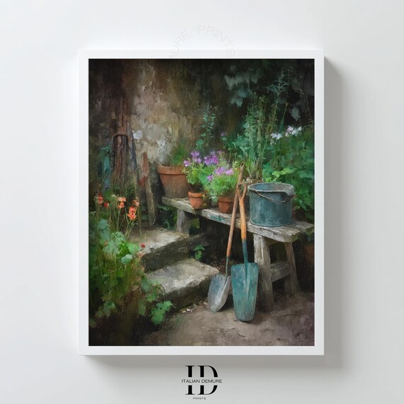 Rustic Garden Potting Bench Vintage Country Flower Still Life Poster