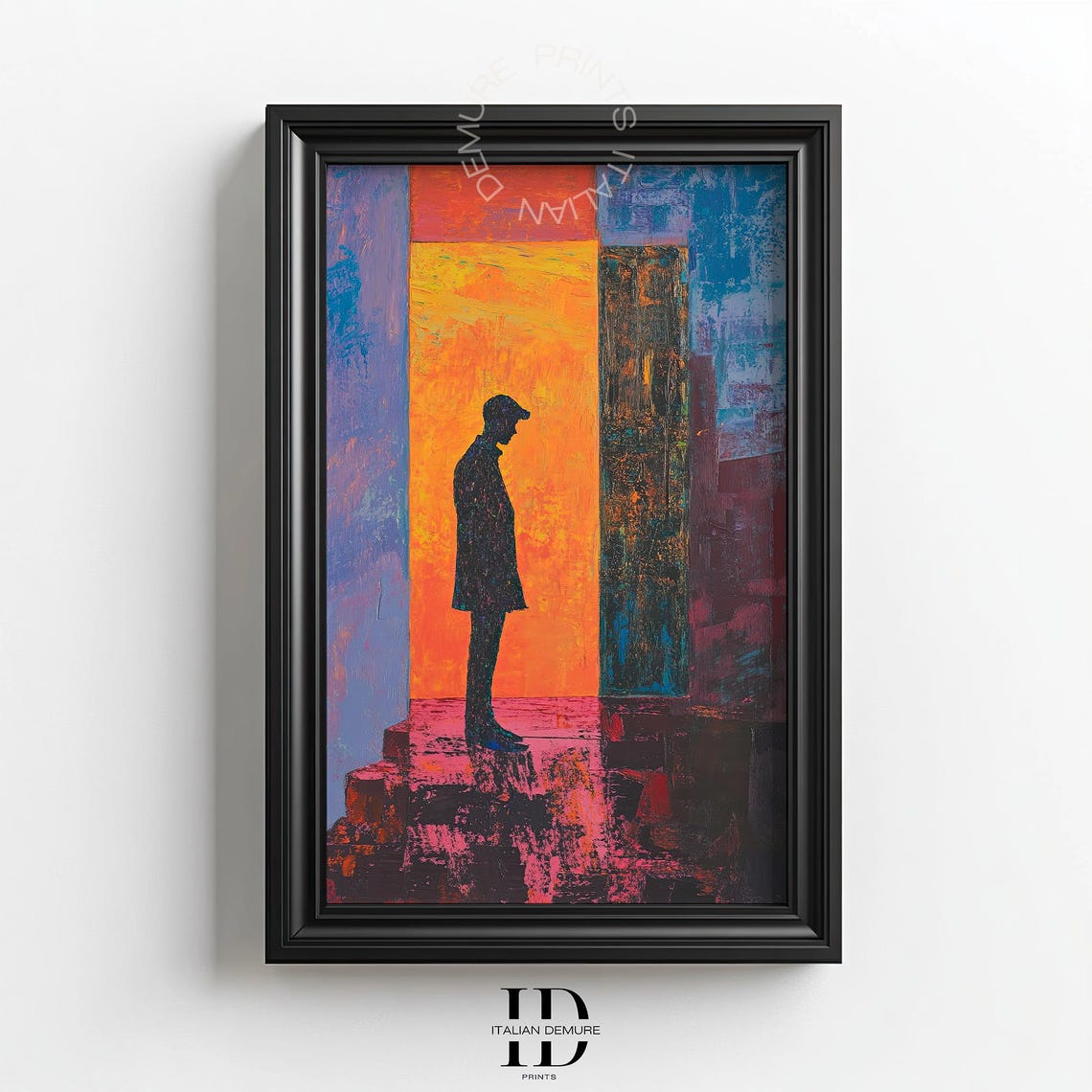 Silhouette Man in Doorway Abstract Orange Purple Modern Print