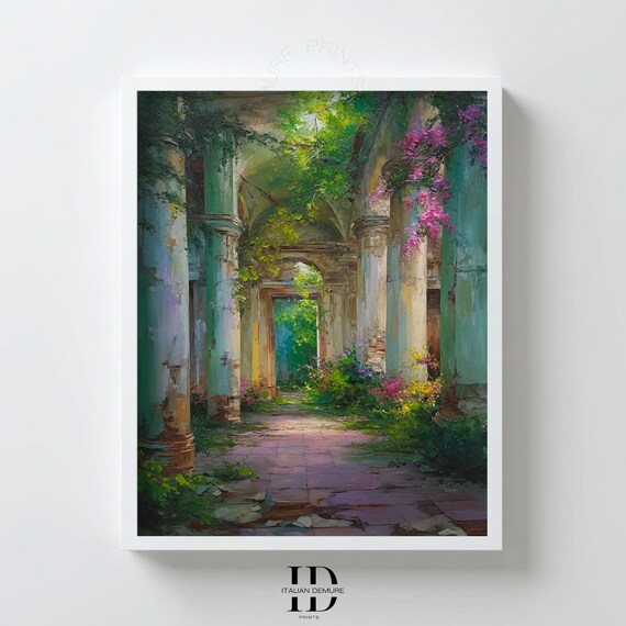 Italian Garden Wall Art Romantic Courtyard Ruins Print Vintage Botanical Archway Overgrown Stone Hallway Poster