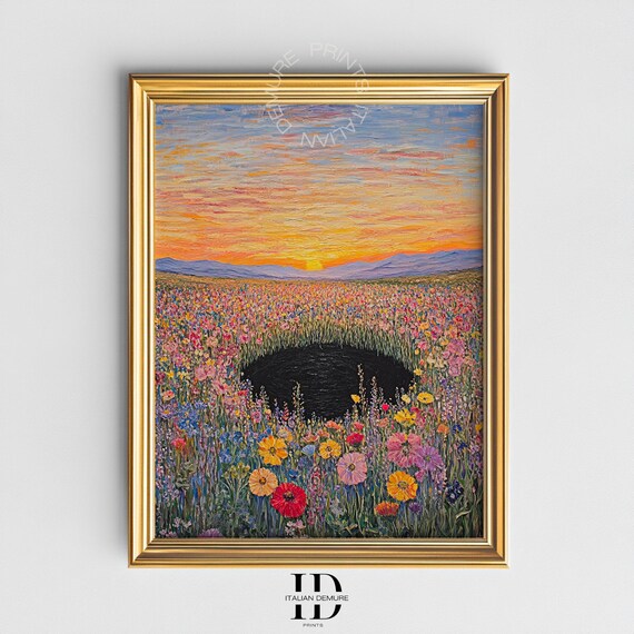 Colorful Flower Field at Sunset with Black Pond Surreal Poster