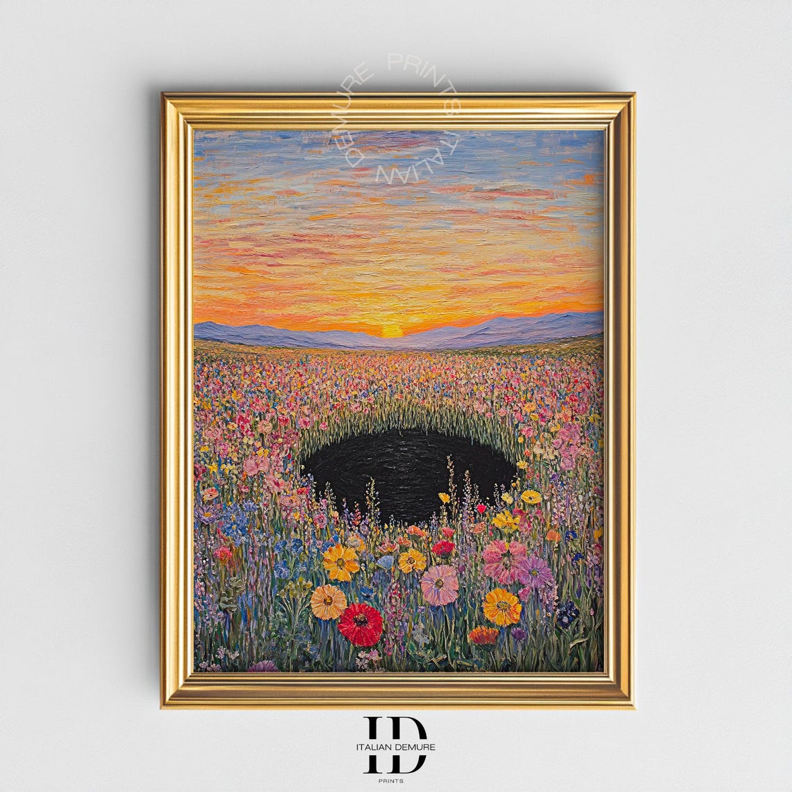 Colorful Flower Field at Sunset with Black Pond Surreal Poster