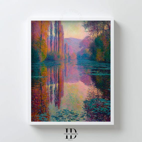 Impressionist River Landscape Print Sunset Wall Art Colorful Nature Reflection Painting For Living Room Decor