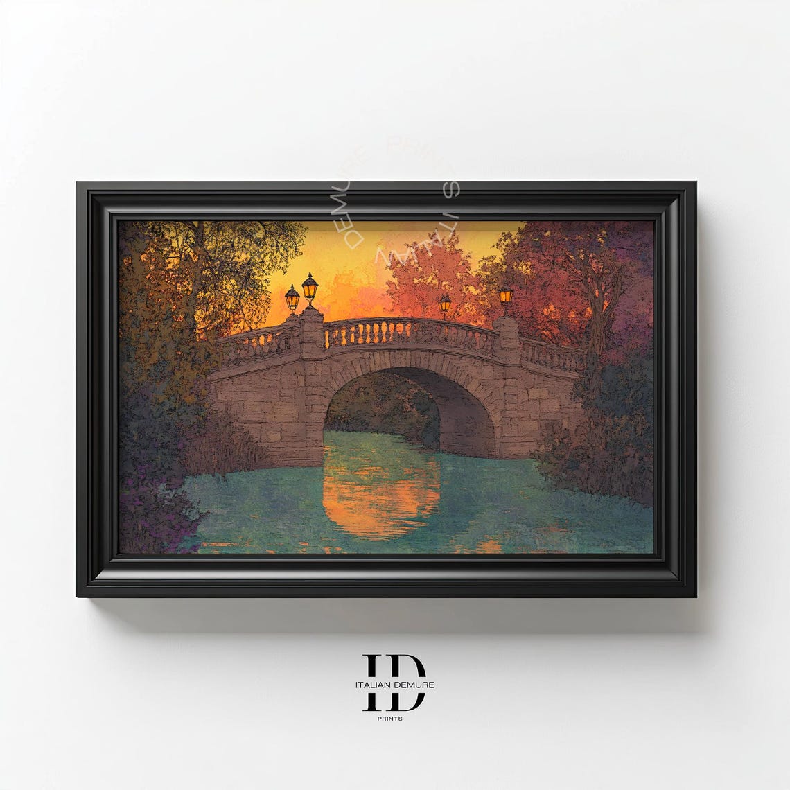 Stone Bridge Golden Sunset Tranquil River Romantic Evening Poster