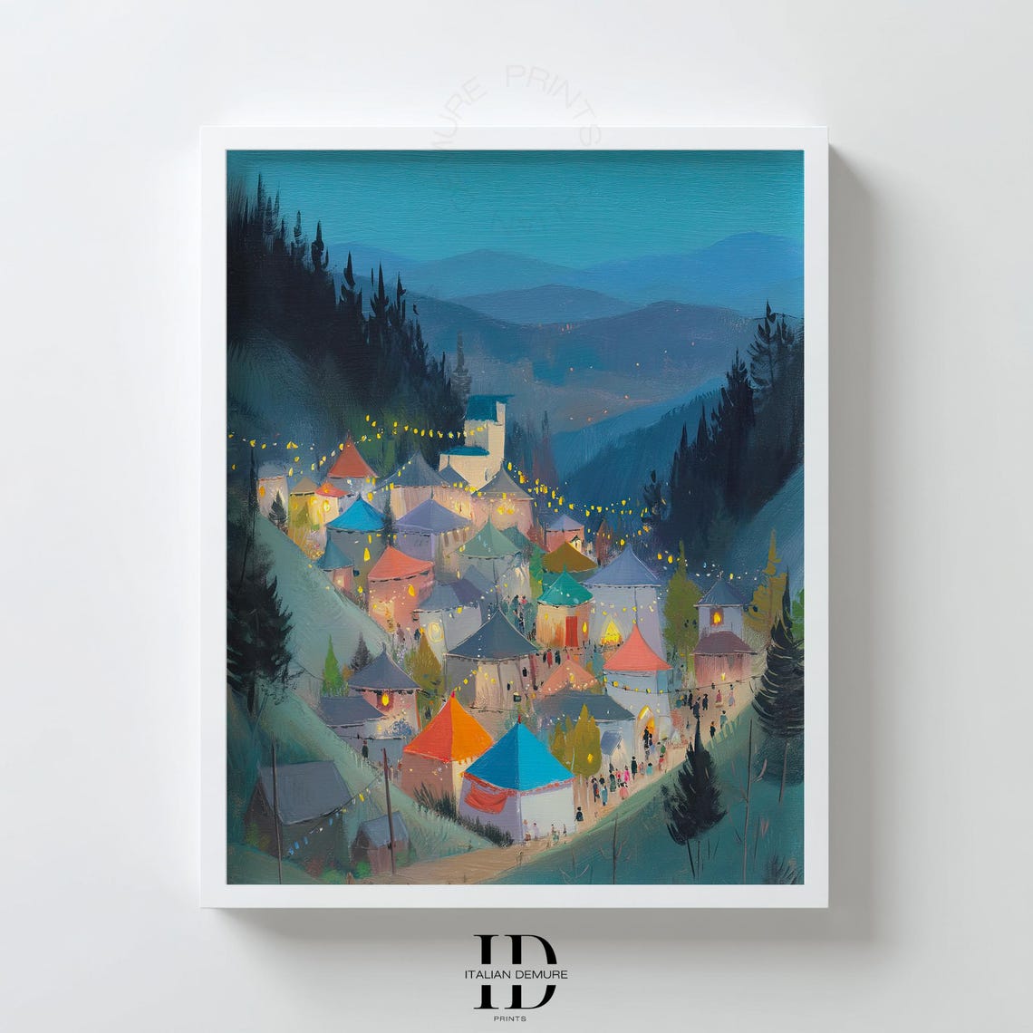 Mountain Village Festival Night Tents String Lights Painting Poster