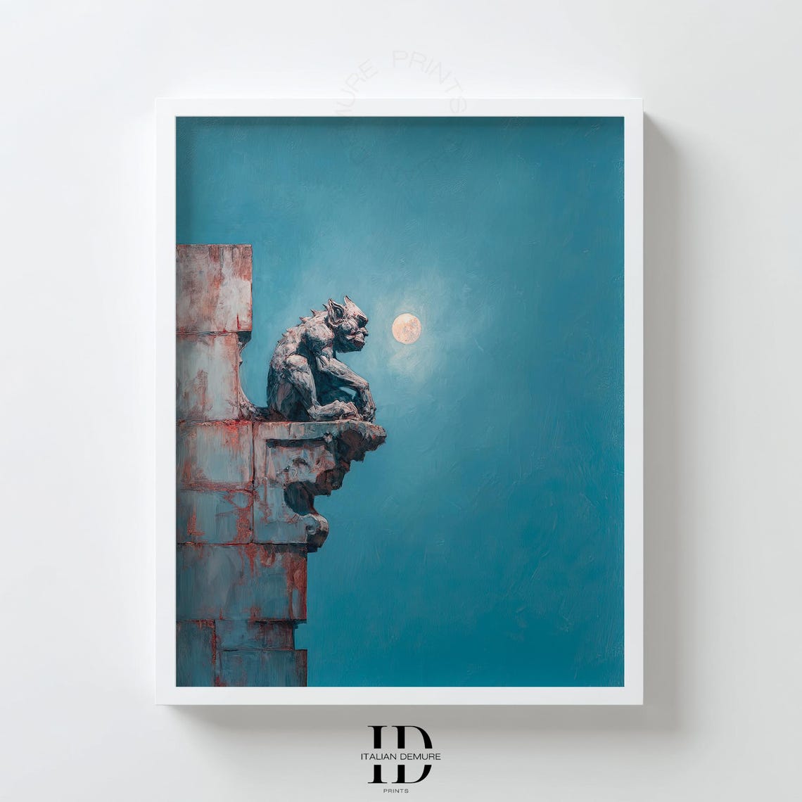 Gargoyle Moon Wall Art Gothic Architecture Print Teal Night Sky Paint Cathedral Stone Sculpture Moody Bedroom Poster