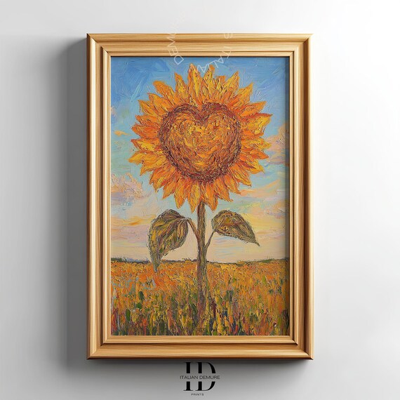 Sunflower With Heart Center Impasto Oil Painting Golden Field Poster