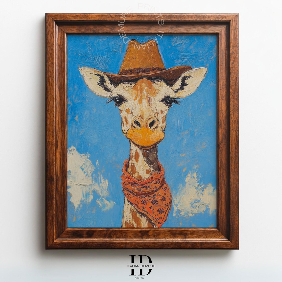 Whimsical Cowboy Giraffe Portrait Oil Painting With Orange Bandana Print