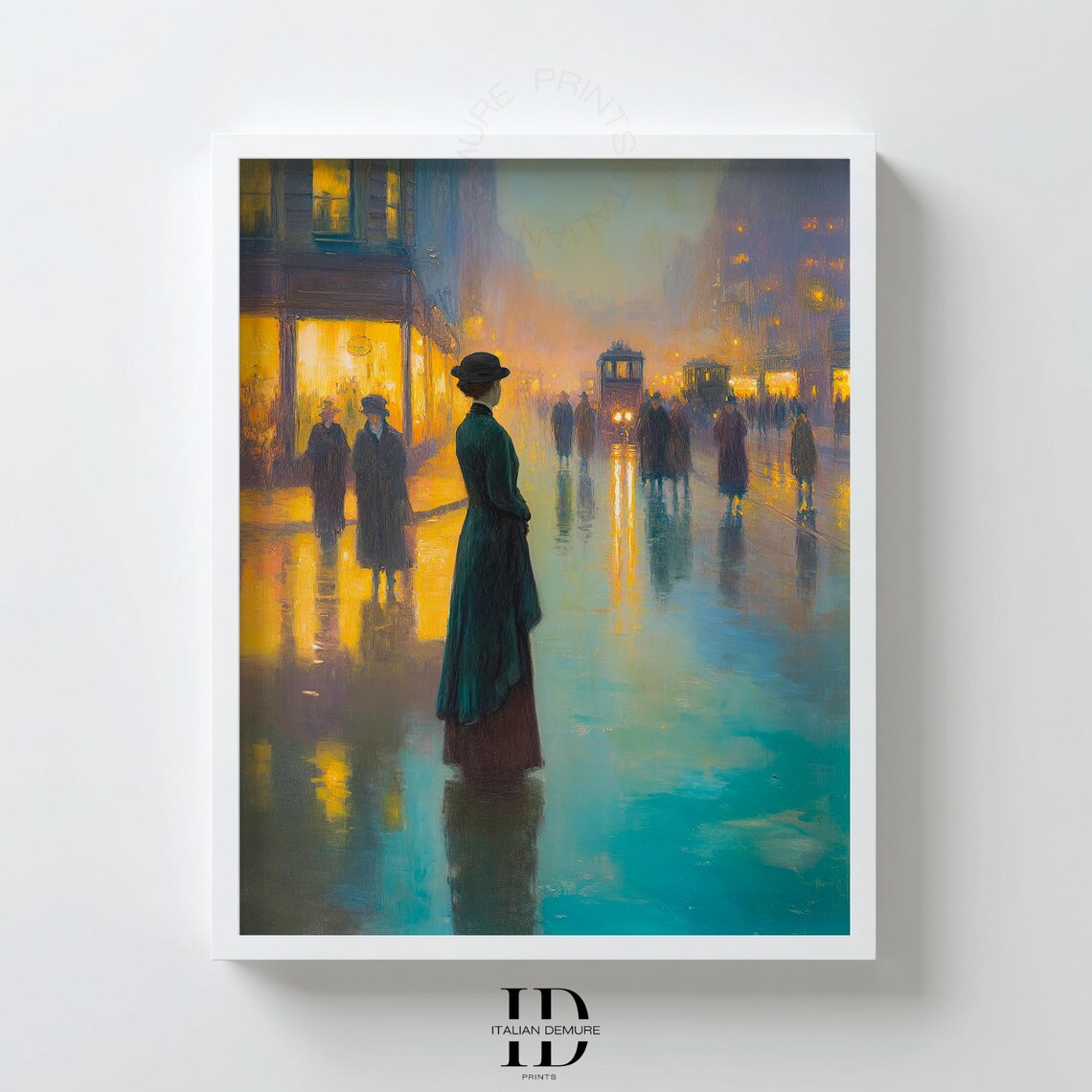 Vintage Rainy City Street Evening Elegant Woman Impressionist Poster