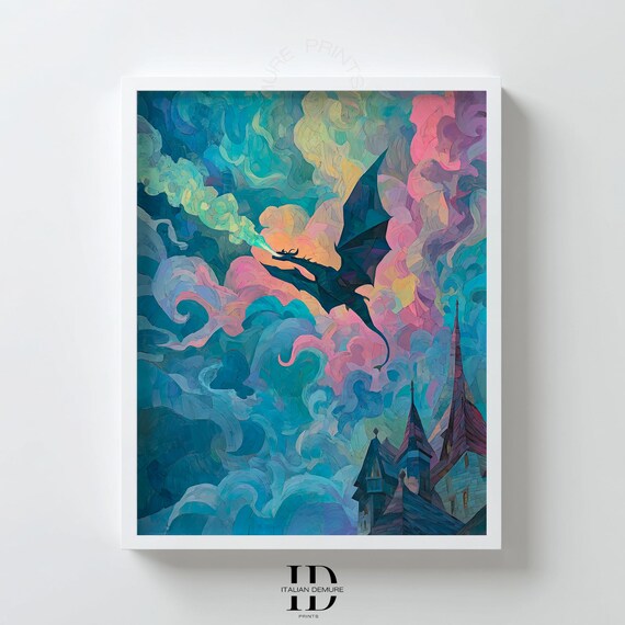 Fantasy Dragon Wall Art Magical Castle Print Colorful Cloud Sky Illustration Gothic Fairytale Decor Poster