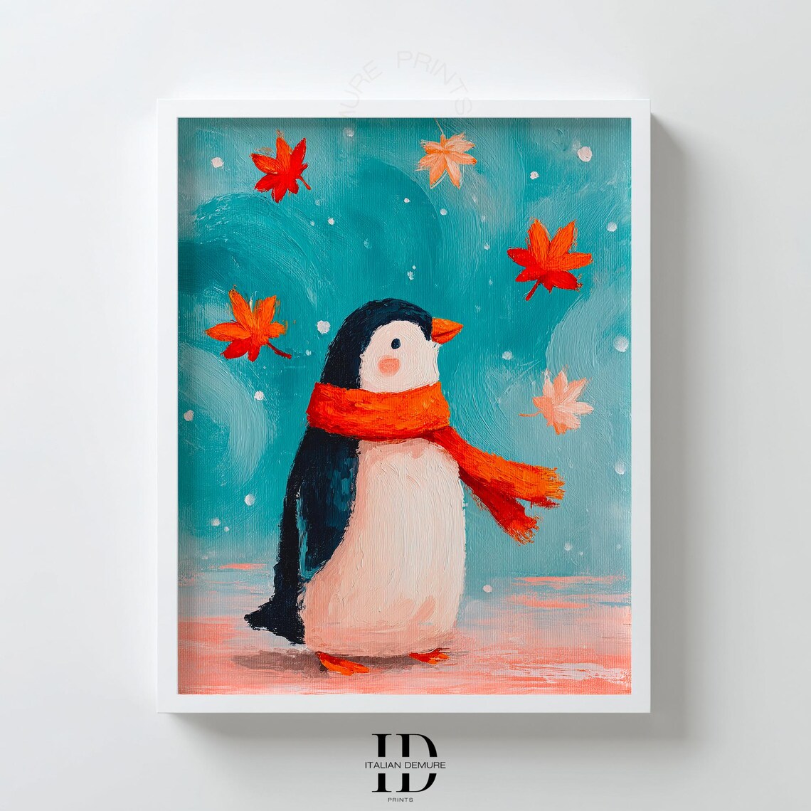 Cute Penguin With Orange Scarf Autumn Leaves Nursery Winter Art Poster