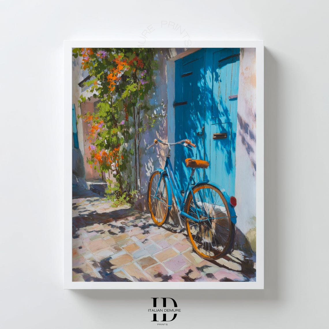 Mediterranean Blue Door With Bicycle Sunny Courtyard Floral Poster