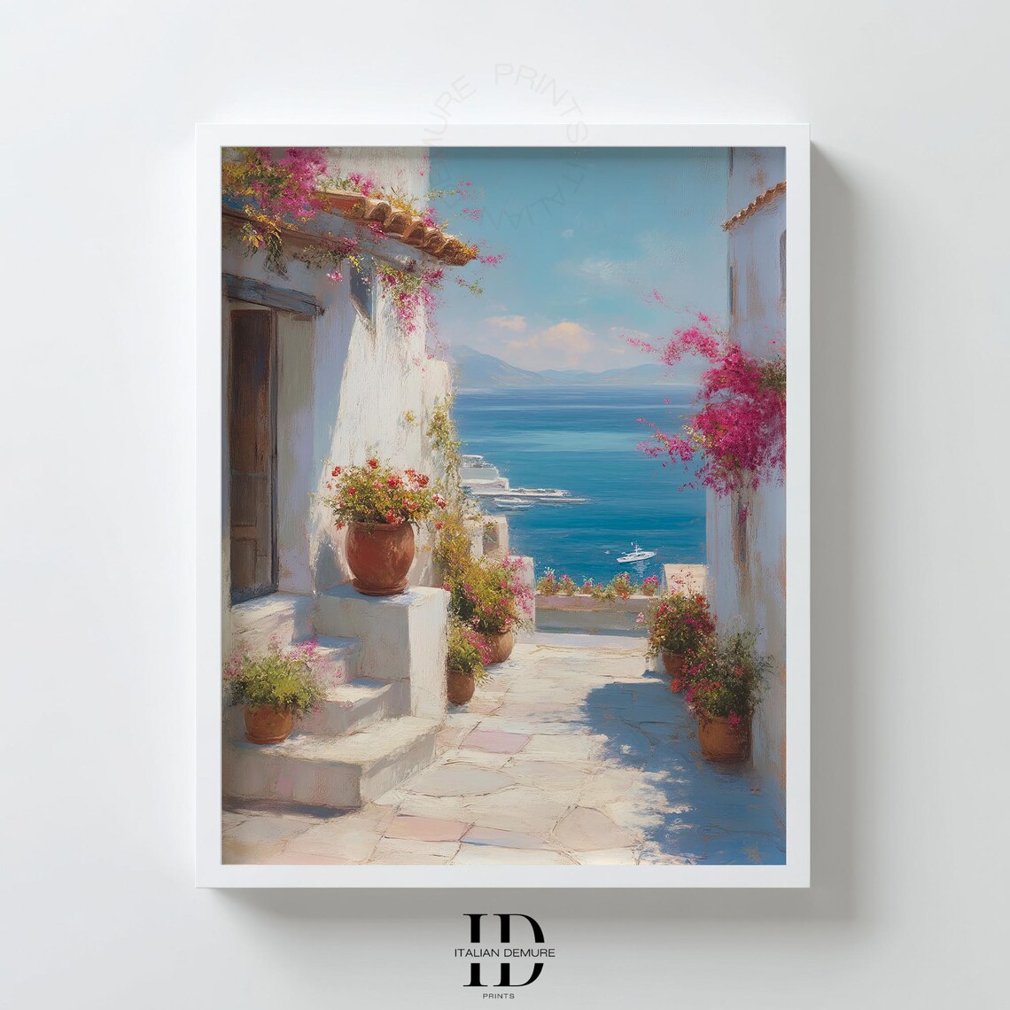 Mediterranean Coastal Alley White Buildings Sea View Art Print