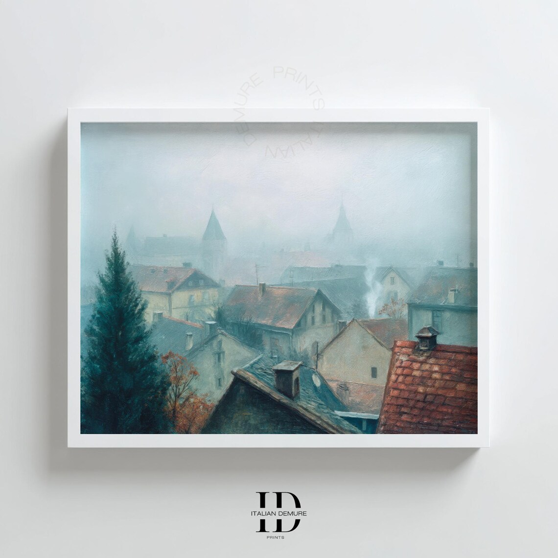 Foggy European Village Rooftops Moody Winter Morning Art Poster