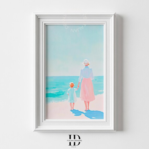 Mother And Child At The Beach Impressionist Oil Painting Coastal Poster