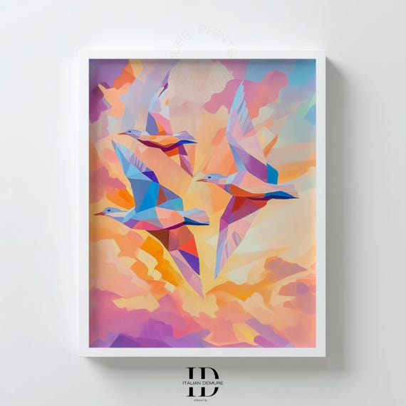 Geometric Bird Wall Art Colorful Flying Birds Print Low Poly Abstract Nature Painting Modern Sunrise Artwork Instant