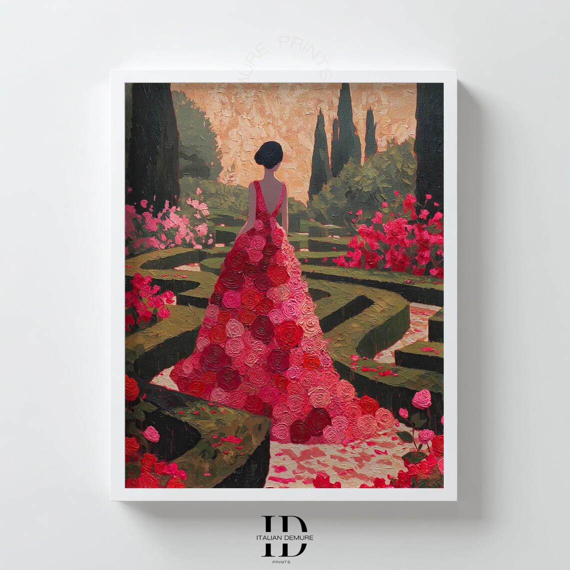 Woman In Red Rose Dress Garden Maze Sunset Floral Elegance Poster