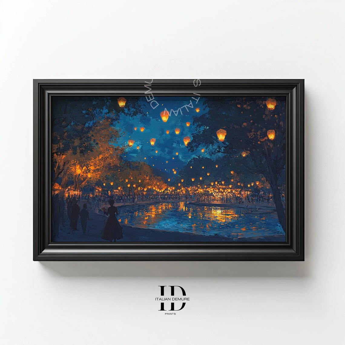 Lantern Festival Night Over Water Romantic Floating Lights Oil Style Poster