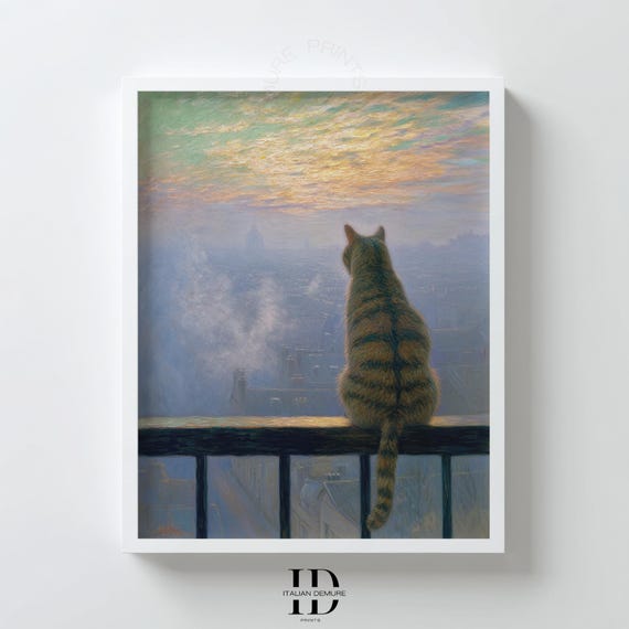 Tabby Cat Watching Misty Sunrise Over City Rooftops Serene Poster