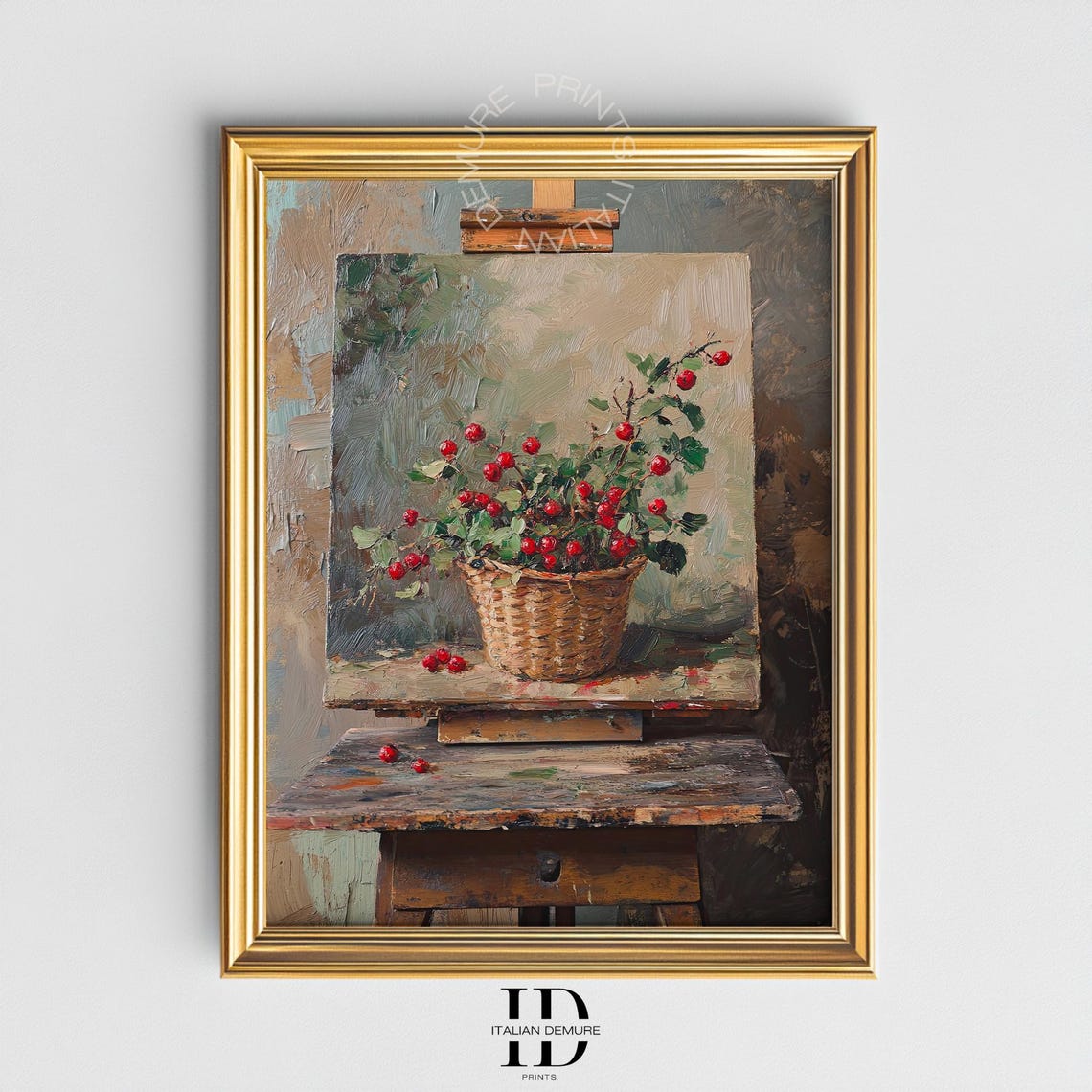 Basket of Red Berries on Rustic Easel Vintage Still Life Poster