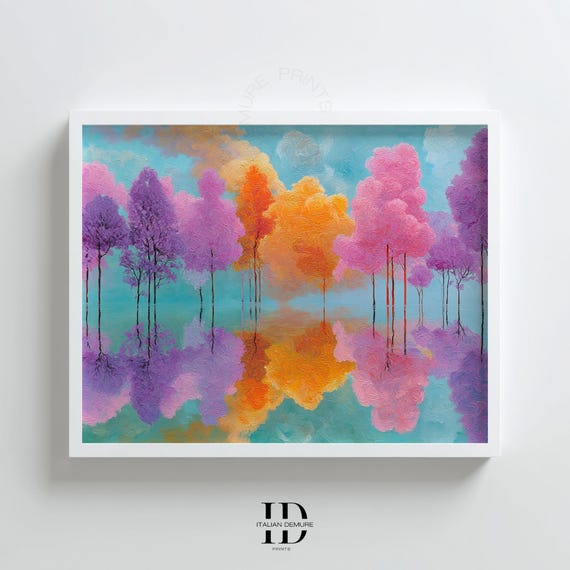 Colorful Abstract Tree Wall Art Vibrant Forest Reflection Print Modern Impressionist Landscape Pink Orange Purple