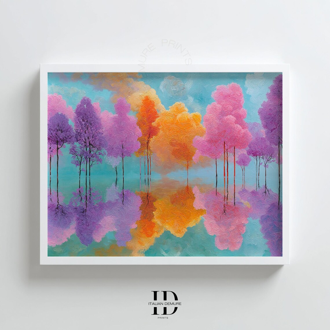 Dreamy Colorful Trees Lake Reflection Abstract Oil Painting Poster