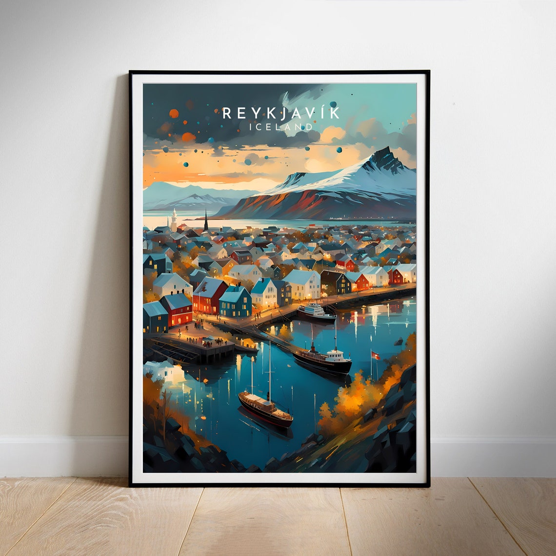 Reykjavik Iceland Colorful Harbor Sunset Snow Mountains Poster - Image 2