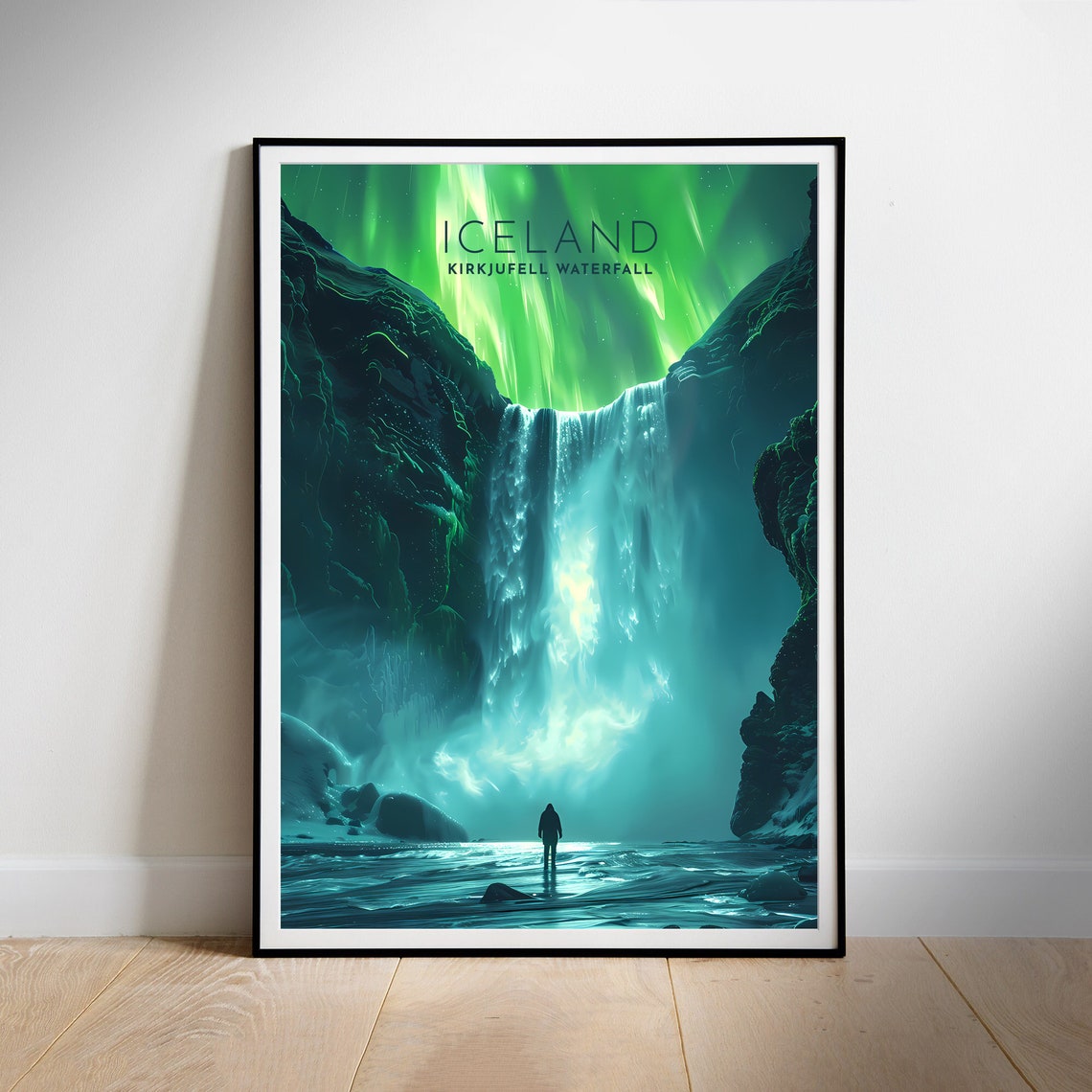 Kirkjufell Iceland Waterfall Northern Lights Illustrated Travel Poster
