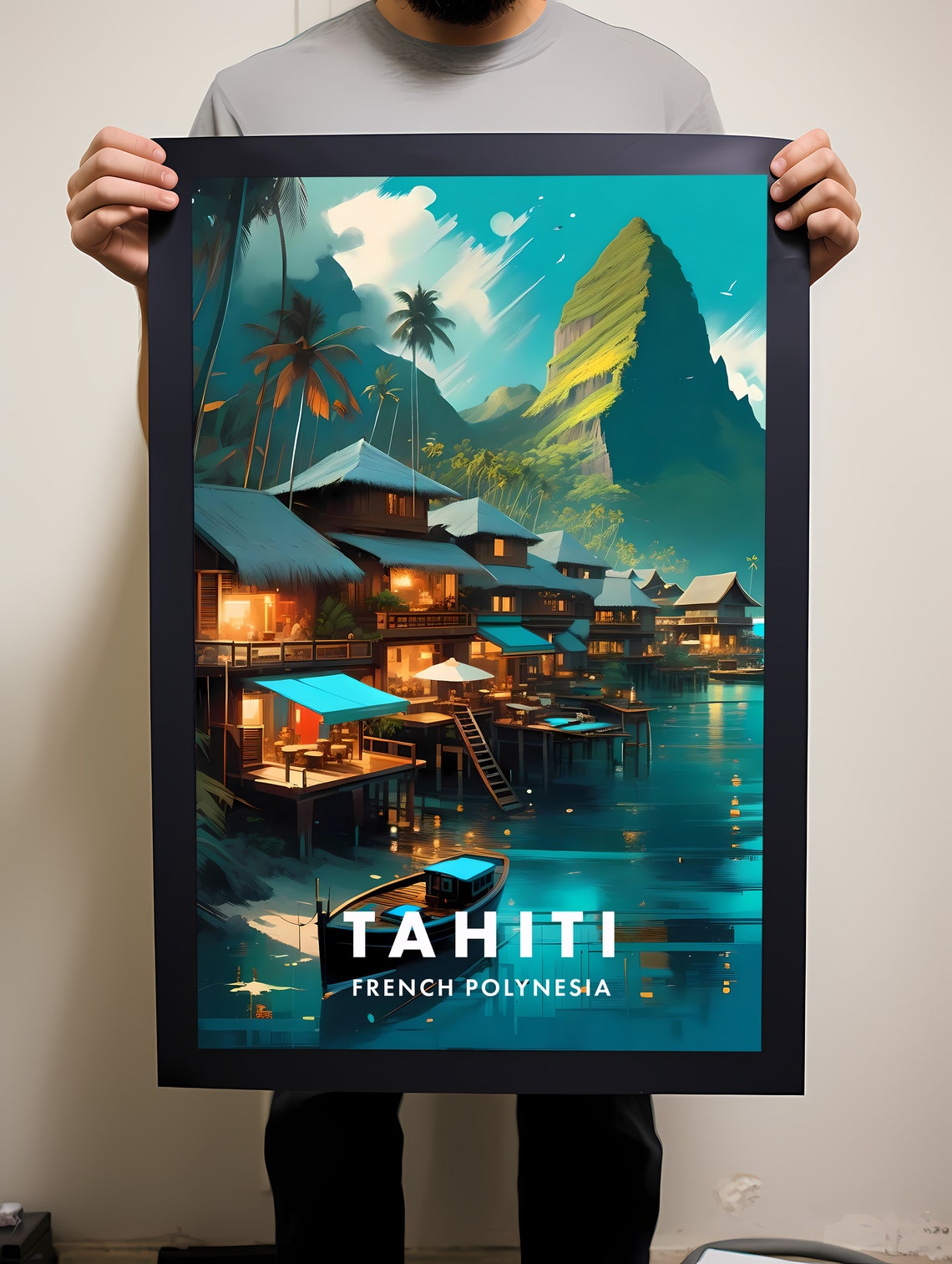 Tahiti Overwater Bungalows Night Lagoon Travel Poster French Polynesia